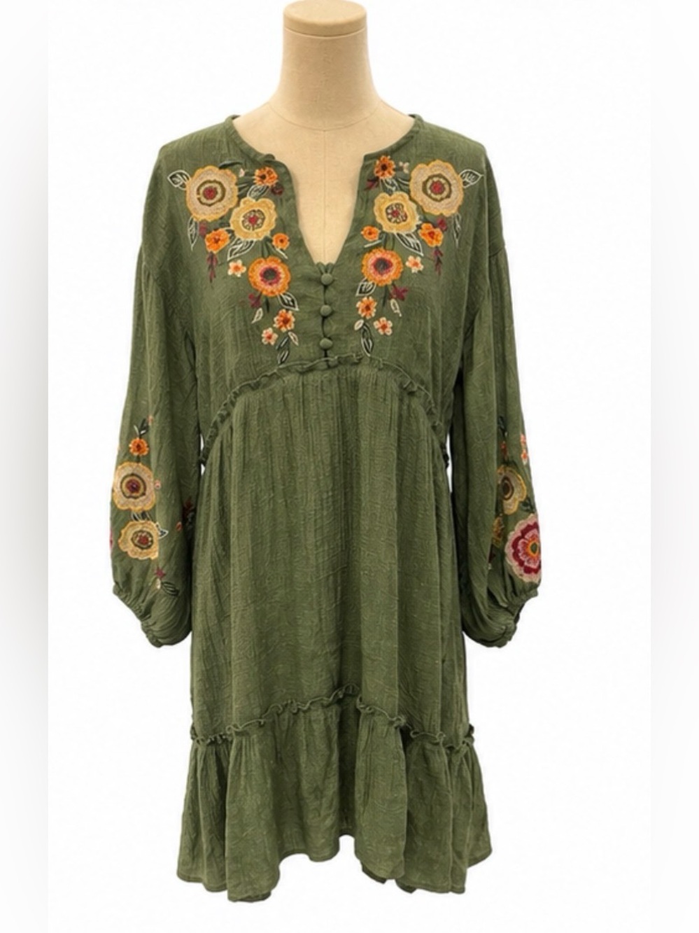 Umgee Olive Green Floral Embroidered Boho Tunic Dress Size Medium